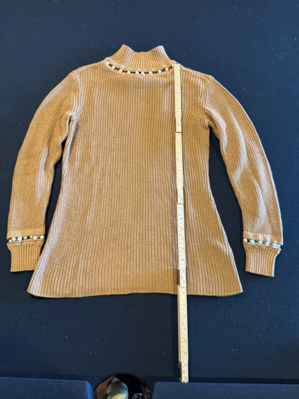 Pearl Beaded Trim Rib Knit Mock Turtleneck Sweater - Camel Sz S